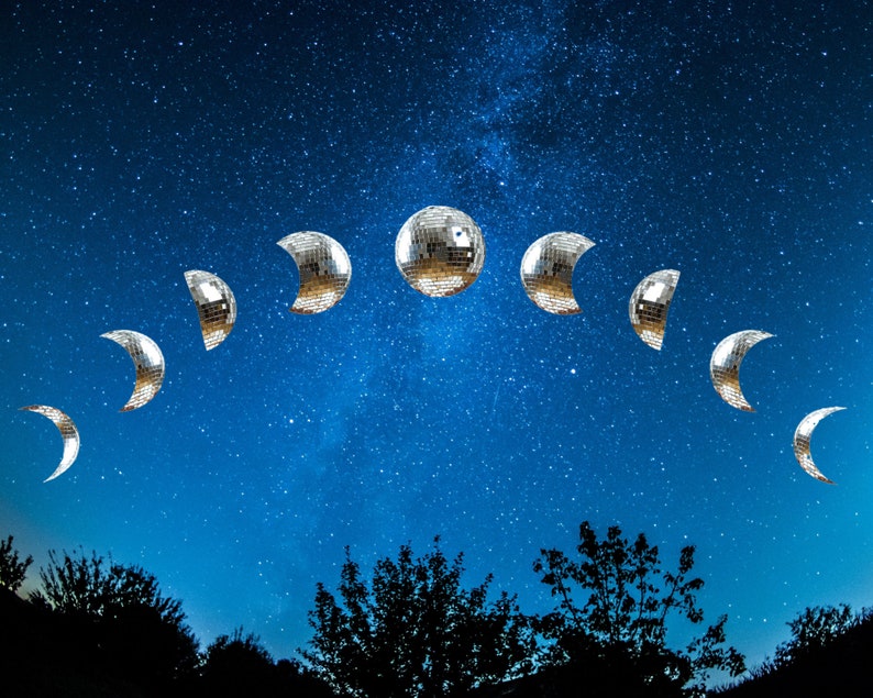 Groovy Mirror Disco Ball Moon Phases Wall Art Printable Etsy