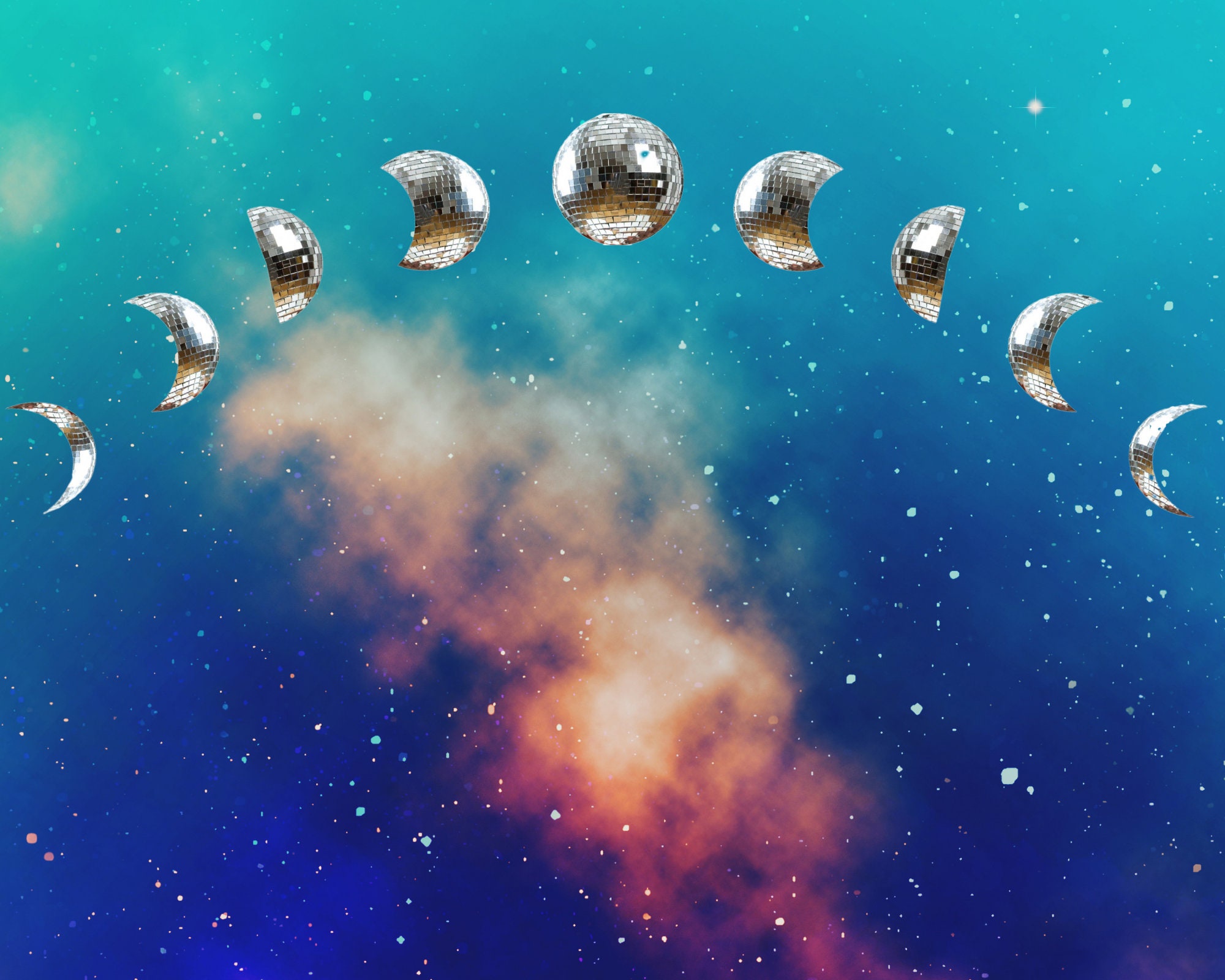 Groovy Mirror Disco Ball Moon Phases Wall Art Printable Etsy