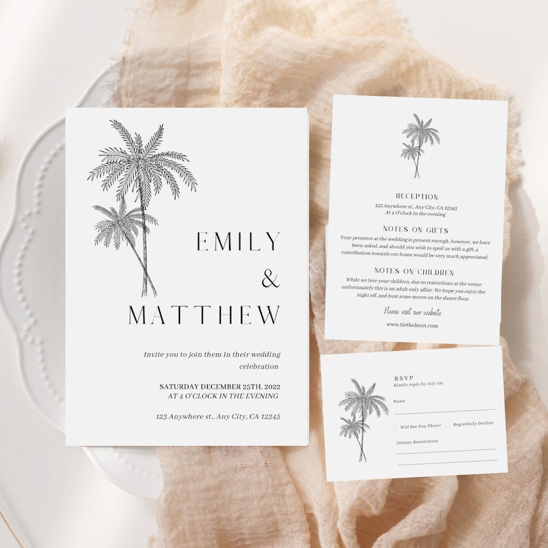 Palm Tree Wedding Invitation Set Beach Wedding Invitation Destination Wedding Invitation Tropical Wedding Invite image 1