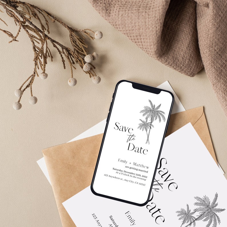 Save the Date Template Destination Wedding Palm Tree Tropical Wedding Smartphone Evite Minimalistic Beach Them Wedding image 3