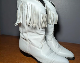 Durango Vintage White Leather Fringe Western Cowgirl Boots Metal Toe 6.5M
