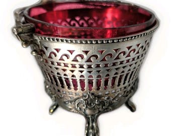 Antique Silver Plated Mint Basket With Cranberry Glass Bowl