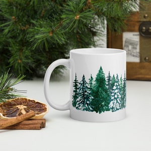 Tree Coffee Mug, Christmas Tree scene on White glossy coffee mug, Beautiful snow scene, Christmas gift, hot and cold mug, Wrap around image.