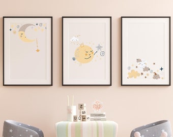 Set of 3 Goodnight Moon Nursery and Kids Room Prints, Space Themed Nursery, Nursery Book Shelf Display