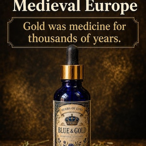 May include: A dark blue glass bottle with a gold dropper and a label that reads "BLUE & GOLD" and "HERBS OF LOVE". The label has a crown and floral design. Text above the bottle reads "China, India, Arabic alchemy, Medieval Europe".