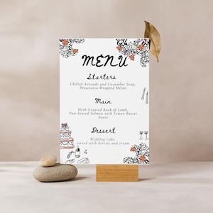 Schwarzweißes Hochzeitsmenü und Einladungsset - Handgezeichnete Illustrationen von Kuchen, Kerze und Blumen - Druckbare Vorlage für Event-Briefpapier