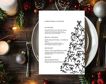 Elegant Christmas Menu Template: Black and White Bow Tree Design (Digital Download)