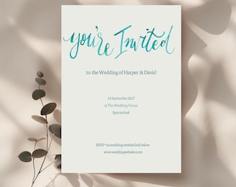 Minimalist Wedding Invite Template: Hand-Painted Watercolor Design Digital Download, Printable Canva Invite 4x9"