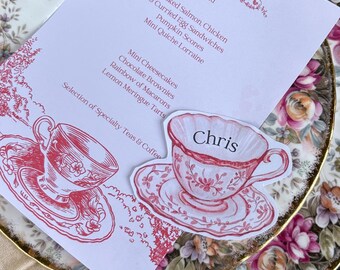 Red Tea Cup Place Card Template: Editable Printable Canva Name Cards (Digital Download