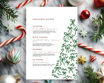 Elegant Christmas Menu Template: Red and Green Bow Tree Design (Digital Download)