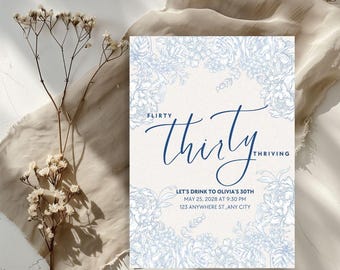 Blue Toile Floral Invitation Template: Feminine Floral  (Canva Editable, Digital Download)