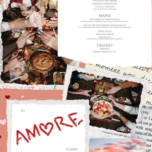 Op de afbeelding: Een collage-achtige afbeelding met een romantisch thema. Het bevat een menu met Italiaanse gerechten, een handgeschreven "AMORE"-bericht en foto's van mensen die eten delen. Het kleurenpalet omvat rode, roze en bruine tinten.