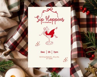 Editable "Sip Happens" Christmas Party Invitation (Canva PDF)