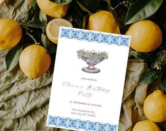 Italian Invite Alfresco Template: Blue Tile Design (Digital Download, Printable Canva Menu 4x9" )