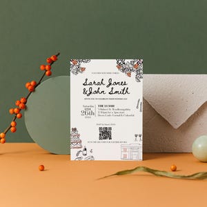 Schwarzweißes Hochzeitsmenü und Einladungsset - Handgezeichnete Illustrationen von Kuchen, Kerze und Blumen - Druckbare Vorlage für Event-Briefpapier