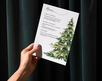Elegant Christmas Menu Template: Watercolour green Tree Design (Digital Download)
