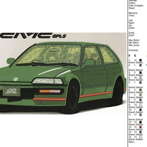 Może przedstawiać: Zielony haftowany wzór samochodu Honda Civic SPLS z logo Mugen. Samochód ma czarne opony, pomarańczowe i czerwone akcenty oraz napis "MUGEN CIVIC SPLS" w kolorze czarnym. Wzór jest przeznaczony do haftu maszynowego.