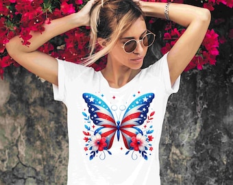 Mariposa con bandera estadounidense PNG, descarga digital PNG del 4 de julio, camiseta con mariposa con bandera estadounidense del 4 de julio, regalo del Día de la Independencia de EE. UU.
