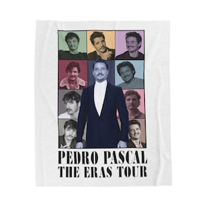 May include: A white t-shirt with a collage of images of Pedro Pascal in different roles. The text "PEDRO PASCAL THE ERAS TOUR" is printed below the images.