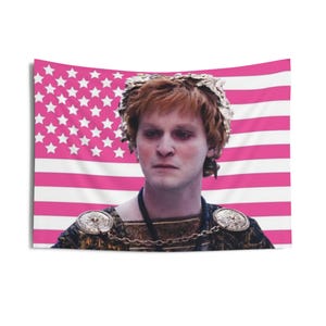 May include: A wall hanging with a pink American flag design. The image features a person with red hair, wearing a laurel wreath and ornate armour. The person has a serious expression, set against the flag backdrop.