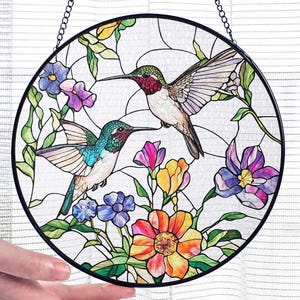 Hummingbird and Wildflower Stained Glass Suncatcher, Hummingbird Glass Window Hangings, Hummingbird Lover Gift, Hummingbird Memorial Gift