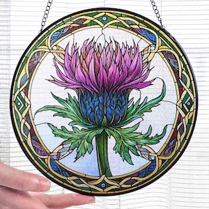 Celtic Purple Thistles Stained Glass Suncatcher, Thistles Lovers Gift, Celtic Flowers Window Wall Hanging, Botanical Kitchen Home Decor
