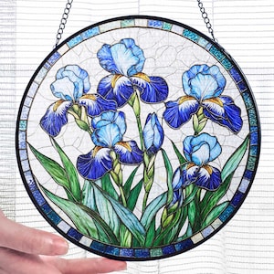 Blue Irises Stained Glass Suncatcher, Iris Flowers Gift, Flower Lovers Window Hanging, Suncatcher Indoor Home Decor, Birth Month Flower Gift