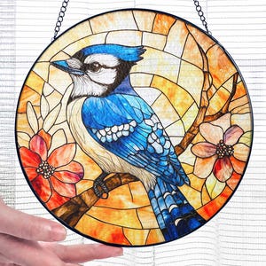 Blue Jay Bird Stained Glass Suncatcher, Blue Jay Bird Light Catcher Window Wall Hanging, Blue Jay Bird Lovers Gifts, Bird Home Garden Decor
