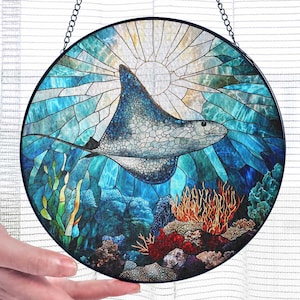 Stained Glass Suncatcher Manta Ray Sunlit Ocean with Coral, Unique Ocean Window Hanging Art, Ocean Lover Gift, Sea Life Home Decor