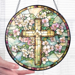 Christian Cross Wildflower Glass Suncatcher, Cross And Wildflowers Suncatcher,Christian Glass Window Hanging,Flower Cross Gift For Religious