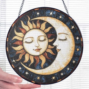Sun and Moon Stained Glass Suncatcher, Celestial Night Sky Window Hanging, Sun Moon and Star Light Catcher, Spiritual Home Decoration