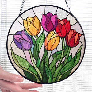 Colorful Tulip Stained Glass Effect Suncatcher, Tulip Lover Light Catcher, Tulip Window Wall Hanging Decor, Botanical Floral Gift for Mom