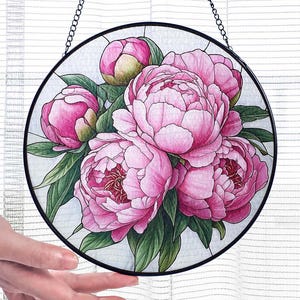 Peony Flower Stained Glass Suncatcher, Peony Light Catcher Window Wall Hanging, Peony Lover Gardening Decor, Floral Mothers Day Gift