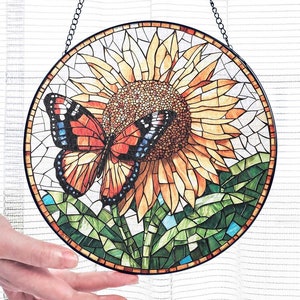 Sunflower Monarch Butterfly Suncatcher, Butterfly Stained Glass Window Decoration Gift, Butterfly Lovers Light Catcher, Garden Lovers Gift