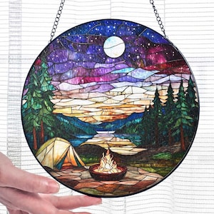 Stained Glass Starry Campfire, Couple, Family Camping Keepsake, Forest Outdoorsy Adventure Gift, Hiker Camp Tent Present, Natural Lover Gift