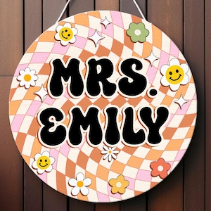 Personalized Groovy Teacher Door Sign, Teacher Welcome Door Hanger, Classroom Door Sign for Teacher, Disco Ball Groovy Teacher Signs