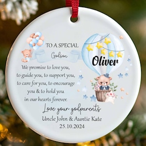 Promise to Godchild Christening Baptism Ornament, Baby Teddy Bear Balloon Ornament, Godparent Godmother Promise to Godchild, Godchild Gift