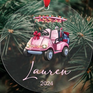 Personalized Golf Cart Acrylic Ornament, Golf Ornament for Women Pink, Golf Ornament for Her Christmas Gift, Golf Lover Gift, Golfer Gift
