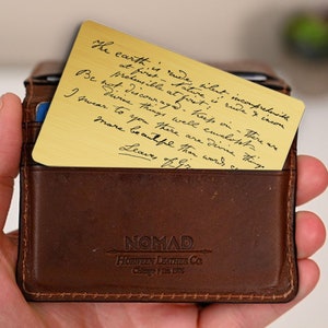 Tarjeta de regalo con escritura a mano para billetera, tarjeta de billetera de metal personalizada para él, tarjeta de billetera personalizada para papá, tarjetas escritas a mano para hombres
