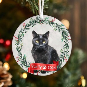 Personalized Black Cat Christmas Ornament - Custom Pet Lover Gift With Berry Branch Design