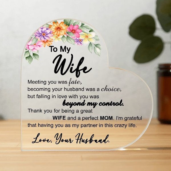 Heart Acrylic Plaque Gifts for Wife, Personalized Present for Wife for Valentines Day, Wife Work Gift, Wife Birthday Gift Ideas from Husband