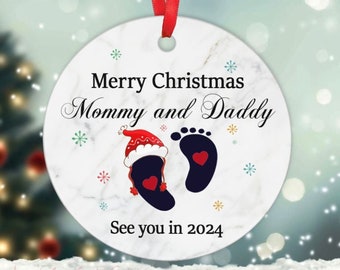 Merry Christmas Mommy and Daddy Ornament, Christmas Gift for Expecting Parent, Promoted To Parents Ceramic Ornament 2024,New Parent Ornament