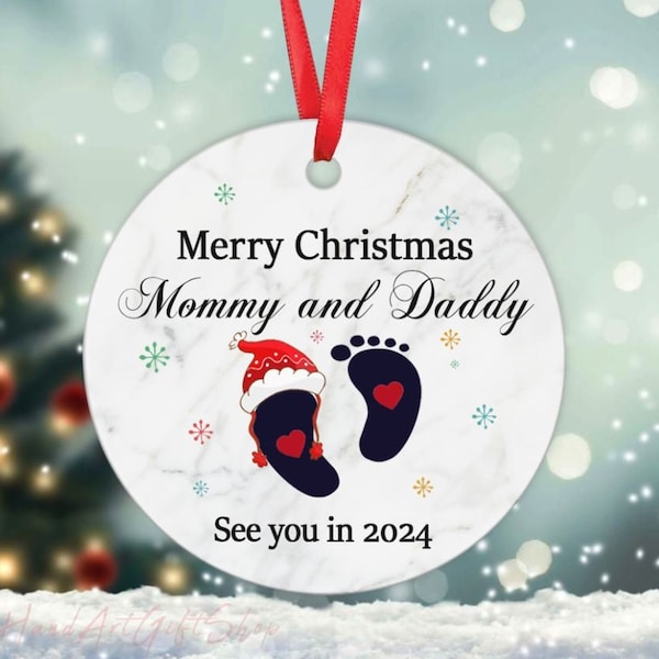 Merry Christmas Mommy and Daddy Ornament, Christmas Gift for Expecting Parent, Promoted To Parents Ceramic Ornament 2024,New Parent Ornament