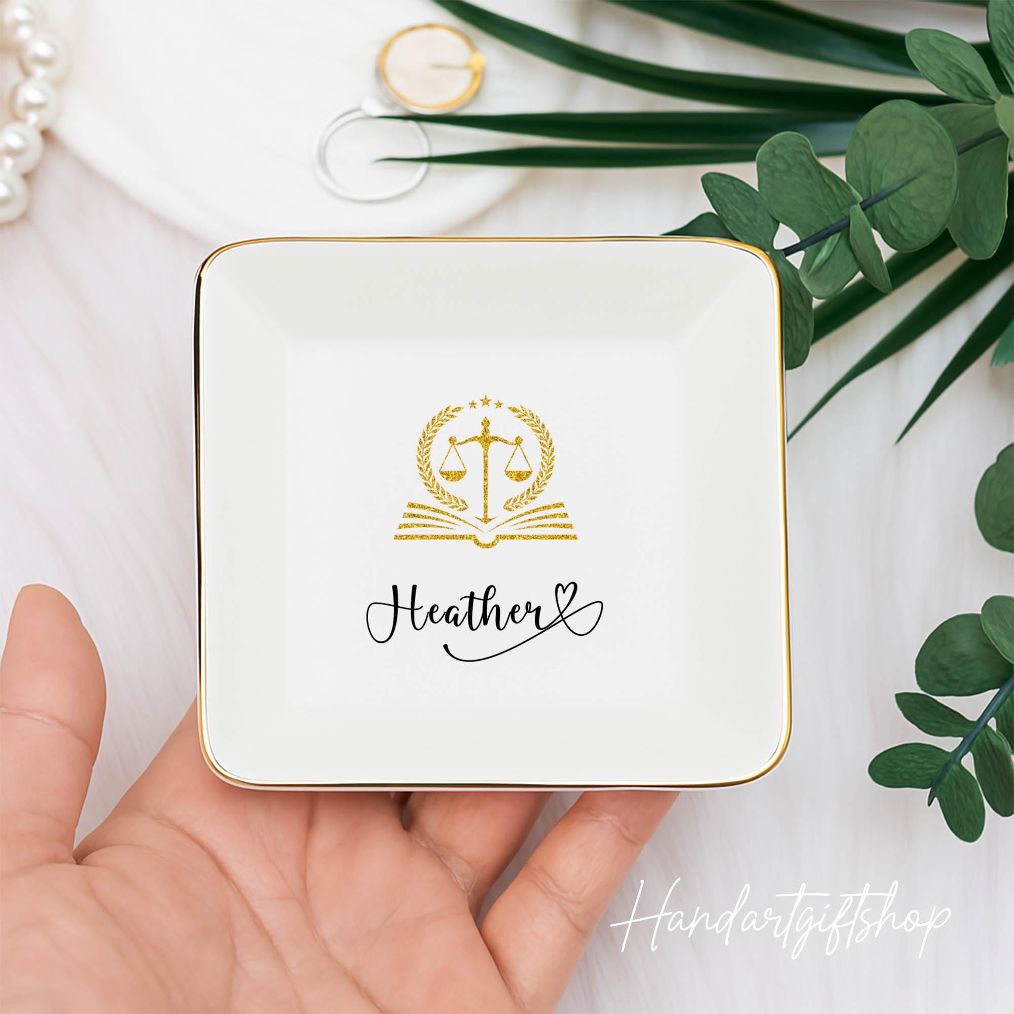 Personalized Lawyer Jewelry Dish - Scale Of Justice Ceramic Tray With Custom Name