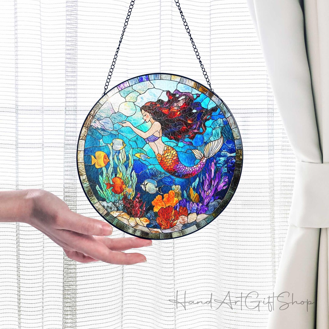 Mermaid With Coral Stained Glass Suncatcher, Siren Light Catcher, Under ...