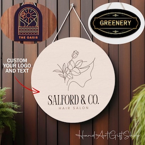 Custom Small Business sign With Your Logo, Minimalist Wooden Door Hanger, Wall Art Color Wood Print, Booth Business Round Hanging Sign Decor