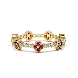 14k Solid Gold Clover Ring Natural Diamonds & Ruby Stones
