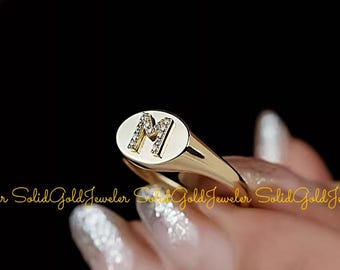 14k Solid Gold Letter Initial Diamond Signet Dome Ring, Natural Diamonds
