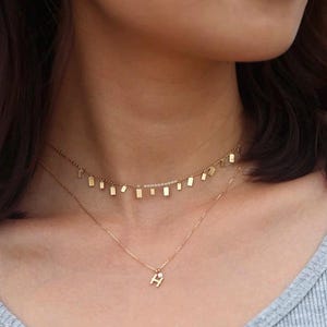 18k Solid Gold Dangling Choker Necklace, Square Beads