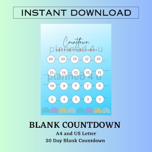Blank 20 Day Countdown, Printable A4 advent calendar, instant download, birthday, moving, anniversary, holiday, baby shower, wedding tracker